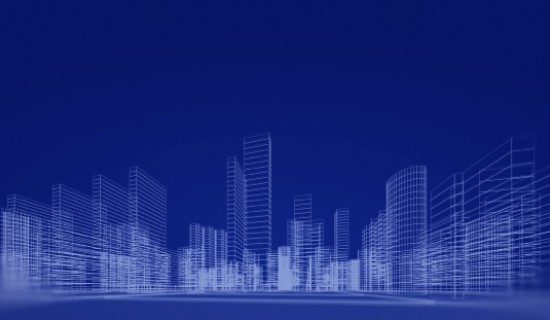 A blue city skyline with buildings and water.