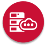 A red button with a cloud and some data
